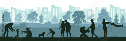 Lifestyle of people, silhouette of happy family, man, woman and child. First steps baby, birth of child, love, happiness. Vector illustration.