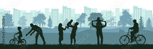 Lifestyle of people, silhouette of happy family, man, woman and child, old man. Learning child to ride bicycle by father, active sport life of elderly man, birth baby on family. Vector illustration.