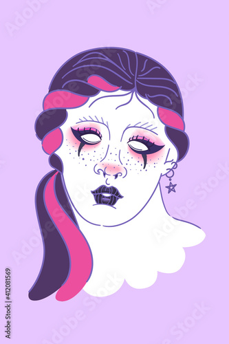 Woman antique bust with goth makeup. Stylized vector of greek statue in e-girl style, cute pink nose and cheeks. Old statue portrait in postmodern style, trendy eGirl parody