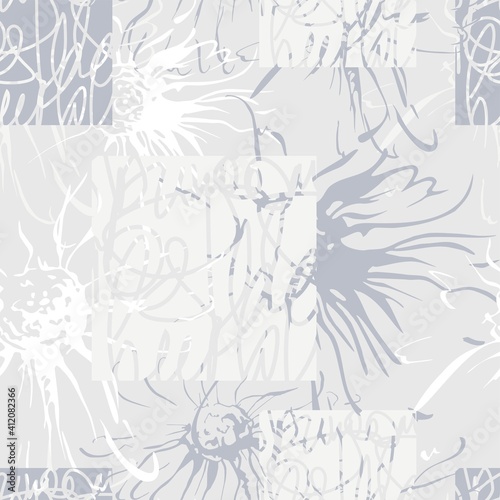 Seamless pattern with flowers and doodles. A pale background.