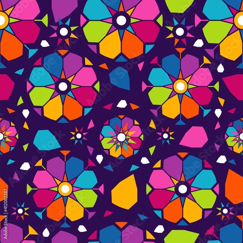 Bright, flat pattern with geometric shapes. The multicolored circles. Kaleidoscope. Seamless pattern.