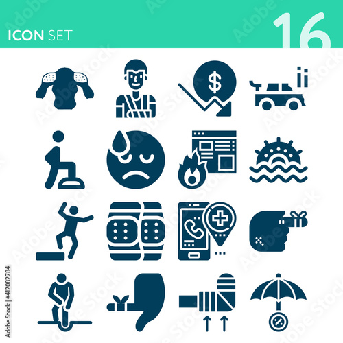 Simple set of 16 icons related to injury