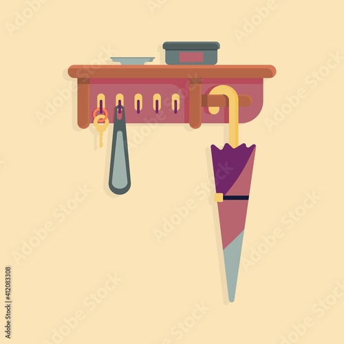 Shelf by the front door for keys, umbrella, shoe spoons and clothes. Flat cartoon style vector illustration.