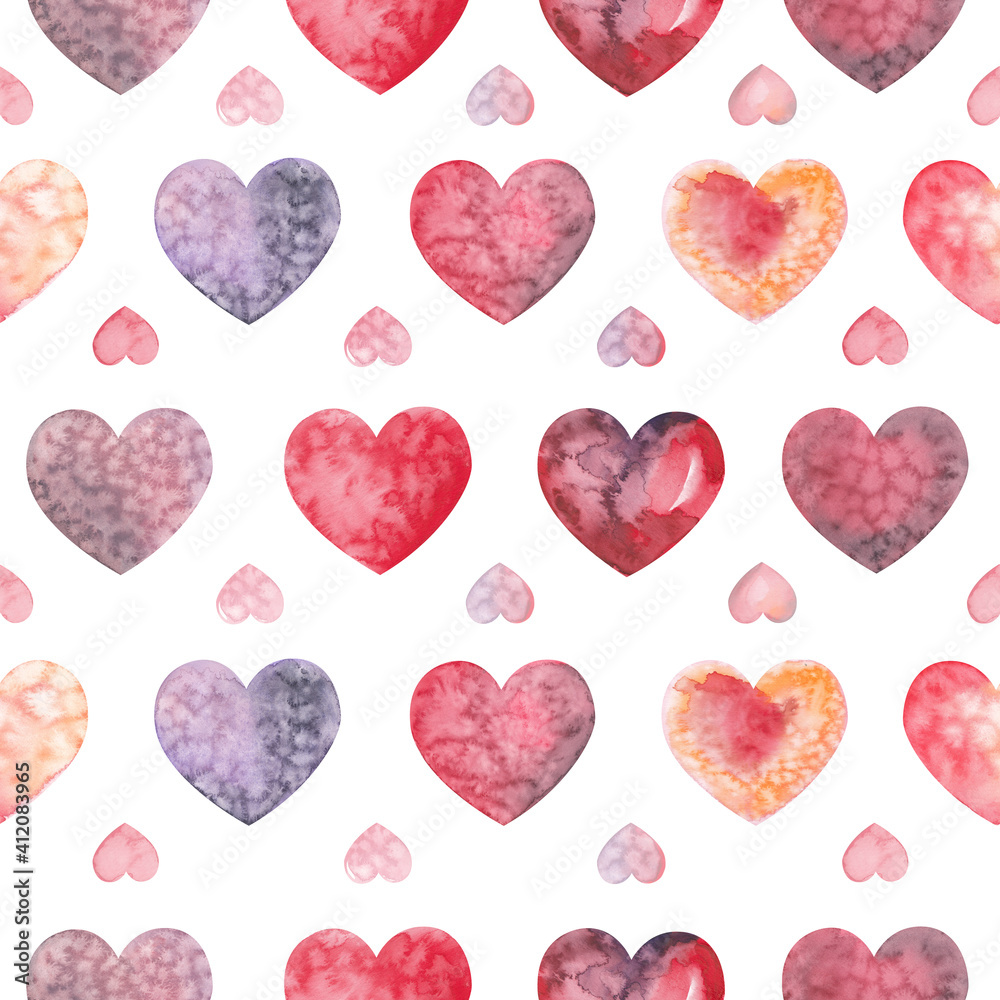Watercolor red hearts seamless pattern on white background.