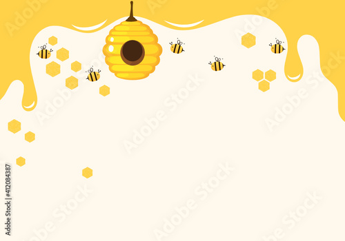 Honeycomb with hexagon grid cells and bee cartoon on white  background vector.