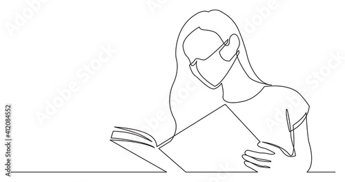 continuous line drawing of long hair woman reading book wearing face mask