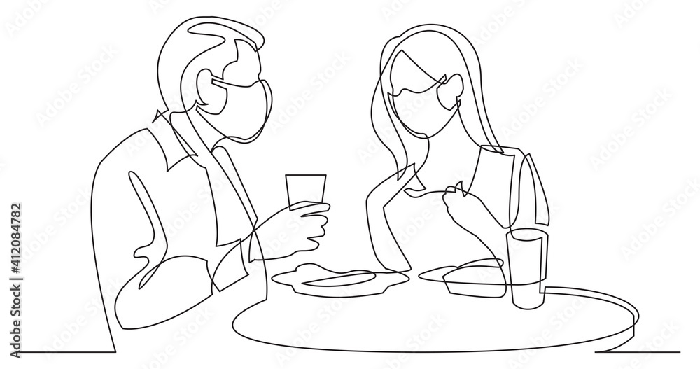 continuous line drawing of man and woman wearing face masks dating dining in restaurant continuous line drawing of man and woman wearing face masks dating dining in restaurant