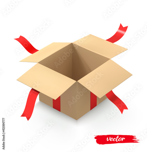 Open gift box surprise with red ribbon. 3d realistic vector illustration.