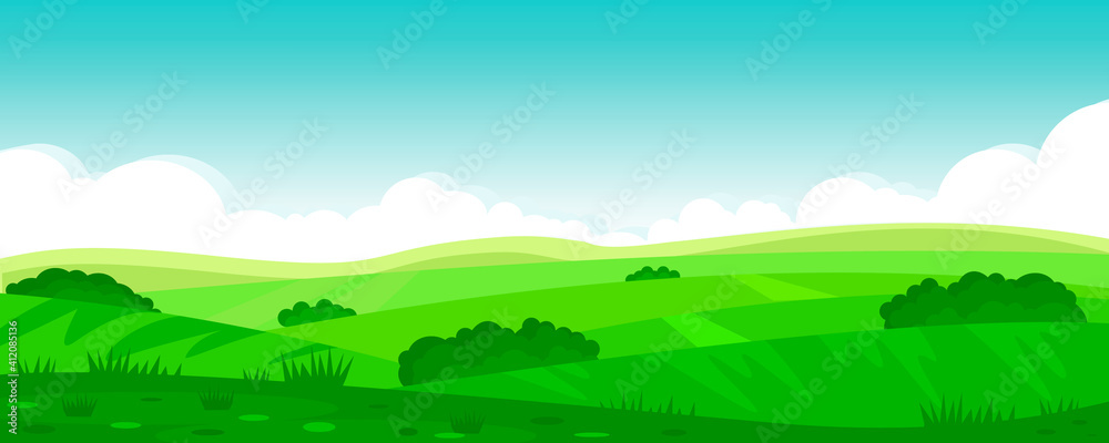 Plakat Ilustracja wektorowa piękne letnie pola krajobraz, zielone wzgórza, jasny kolor błękitne niebo, kraj. Tło w stylu płaskiej kreskówki, baner.
