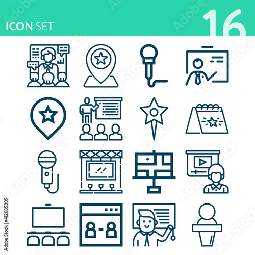 Simple set of 16 icons related to symposium