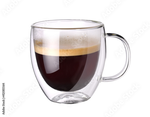 Transparent double wall glass of espresso coffee isolated on white background..