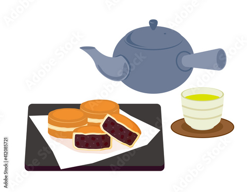 今川焼　お茶の入った急須と湯のみのベクターイラスト　
