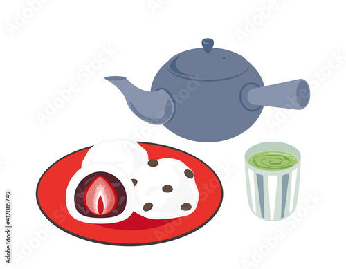 お茶の入った急須と湯のみのベクターイラスト　大福餅　