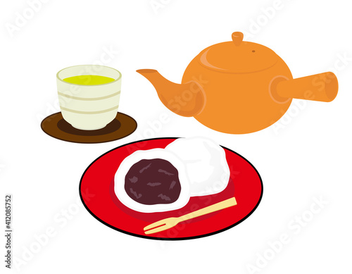 お茶の入った急須と湯のみのベクターイラスト　大福餅　