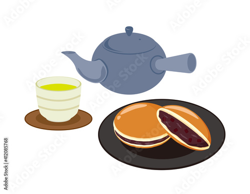 お茶の入った急須と湯のみのベクターイラスト　どら焼き