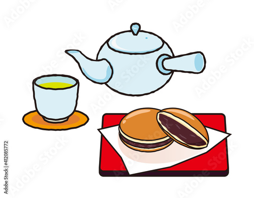 お茶の入った急須と湯のみのベクターイラスト　どら焼き