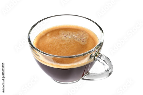 Top view of glass cup of espresso coffee isolated on white background