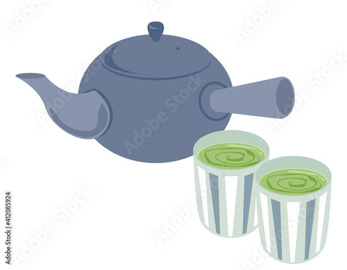 お茶の入った急須と湯のみのベクターイラスト