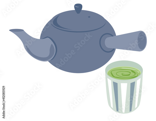 お茶の入った急須と湯のみのベクターイラスト