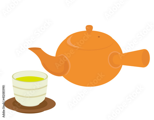 お茶の入った急須と湯のみのベクターイラスト