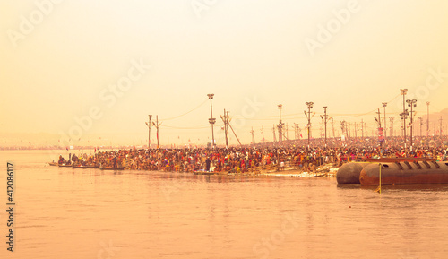On the occasion of Maha Kumbh Mela, a major pilgrimage and Hindu gathering where pilgrims throng the banks for a holy dip where rivers Ganges, Yamuna & Saraswati confluence photo