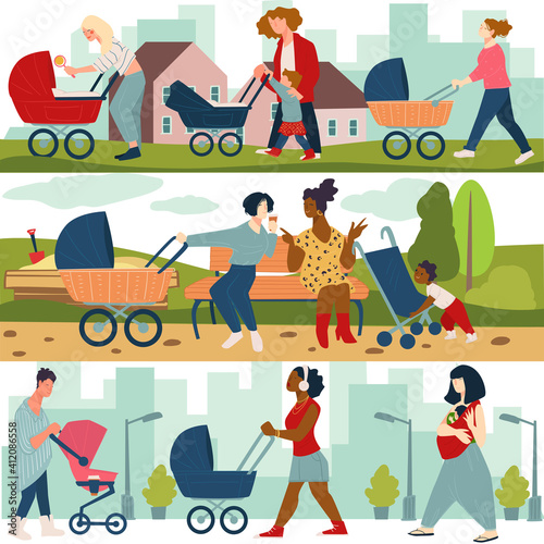 Mom walking outdoors with pram and newborn baby