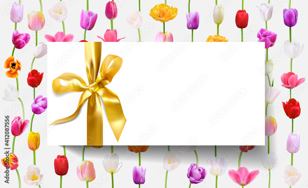 Blank white gift card with gold ribbon on floral background (tulip flowers in vertical lines). Holiday romantic backdrop design of Gift Certificate, Voucher, Birthday card, 8 March (International wome