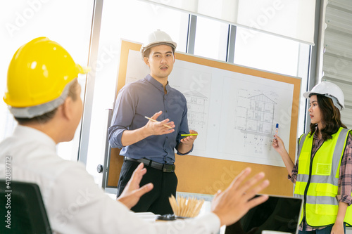 Group of diversity people engineer meeting or discussing work in office or construction. Engineering business concept.
