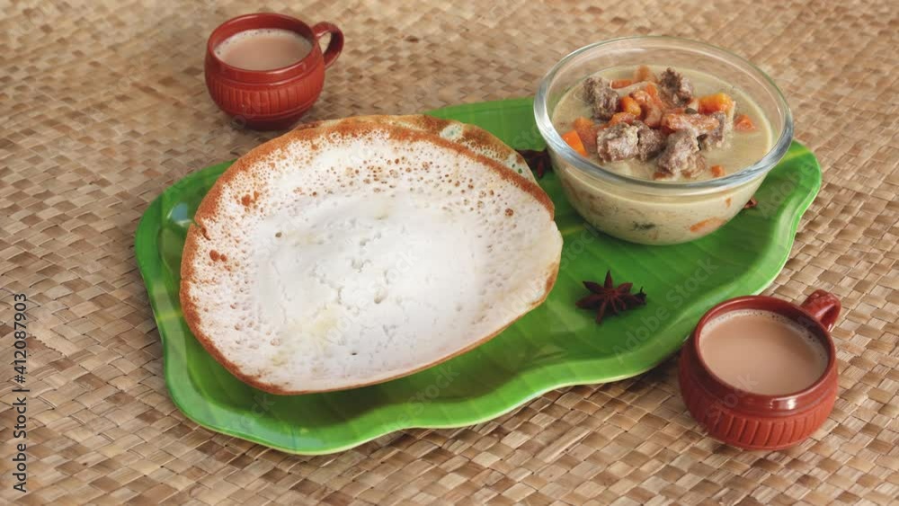Appam, Hoppers and mutton stew Kerala breakfast food and Indian milk ...