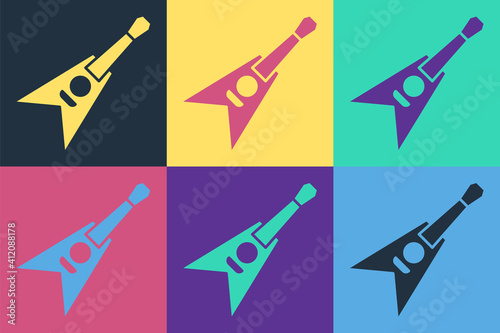 Pop art Electric bass guitar icon isolated on color background. Vector.