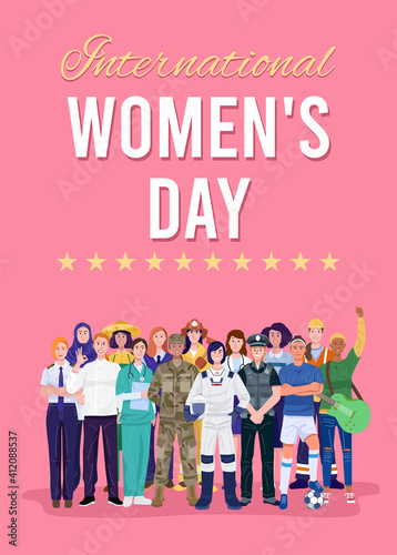 International women's day. Group of women with various occupations. Vector