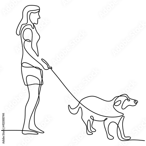 Continuous line drawing of woman happy pet lover with dog. Young female enjoy playing with her cute dog linear sketch isolated on white background. Friendship about human and pet animal concept