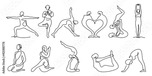 Set of yoga, continuous line drawing of women or man fitness yoga pose. Healthy lifestyle concept. Stretching body and meditation isolated on white background. Vector health illustration