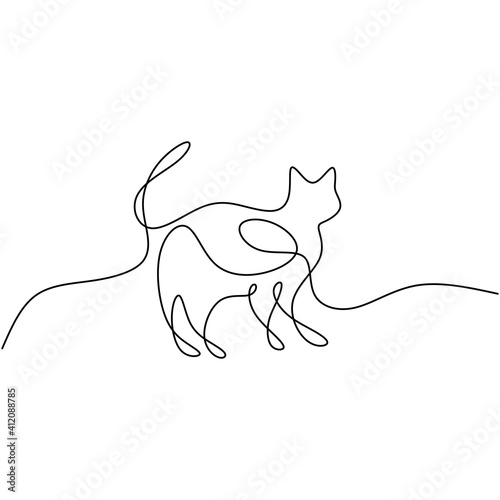 One line cat design silhouette in hand drawn minimalism style isolated on white background. Cat kitten face with long tail. Pet animals concept. Vector illustration
