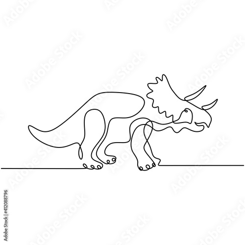 One continuous line drawing of tough triceratops for logo identity. Ornithischian dinosaurs prehistoric animal museum icon. Huge fossil dinosaur in hand drawn flat style isolated on white background