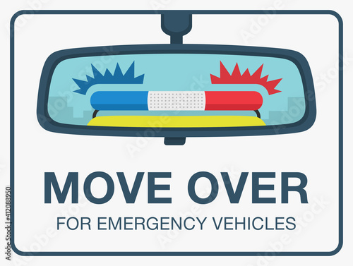 Reflection in a car rear mirror of an emergency vehicle. Red and blue flashing lights. Move over for emergency vehicles. Flat vector illustration template.