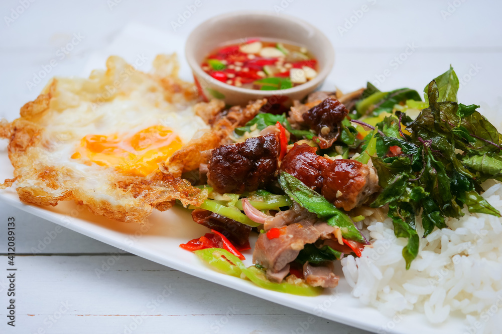 Stir fried duck with chilli and basil, Thai spicy food Stir fried duck with chilli and basil, Thai spicy food