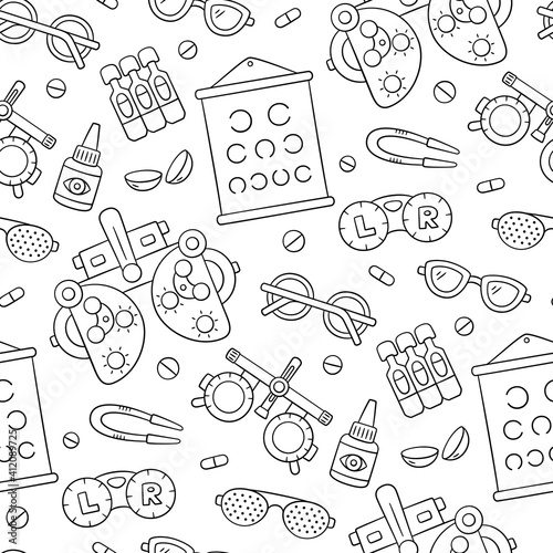 Ophthalmology hand drawn seamless pattern. Contact lens, glasses, phoropter and more. Optometry doodle objects. Vector illustration on white background