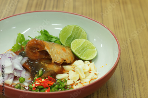spicy canned sardine salad with lime  chili  garlic and onion
