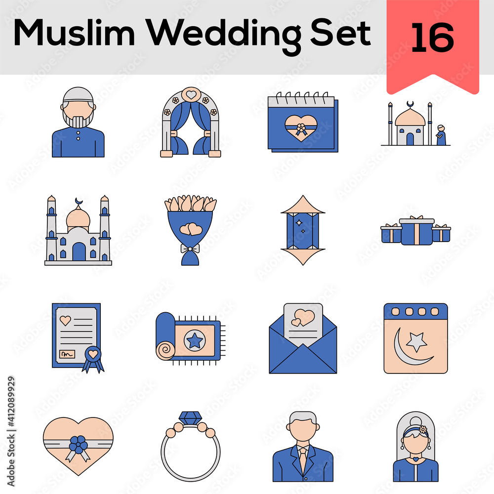 Fototapeta premium Colorful Muslim Wedding Icon Set On White Background.