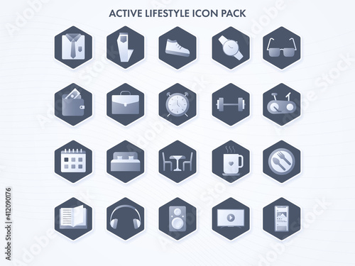 Set Of Active Lifestyle Icons Or Symbol On Hexagonal Shape.