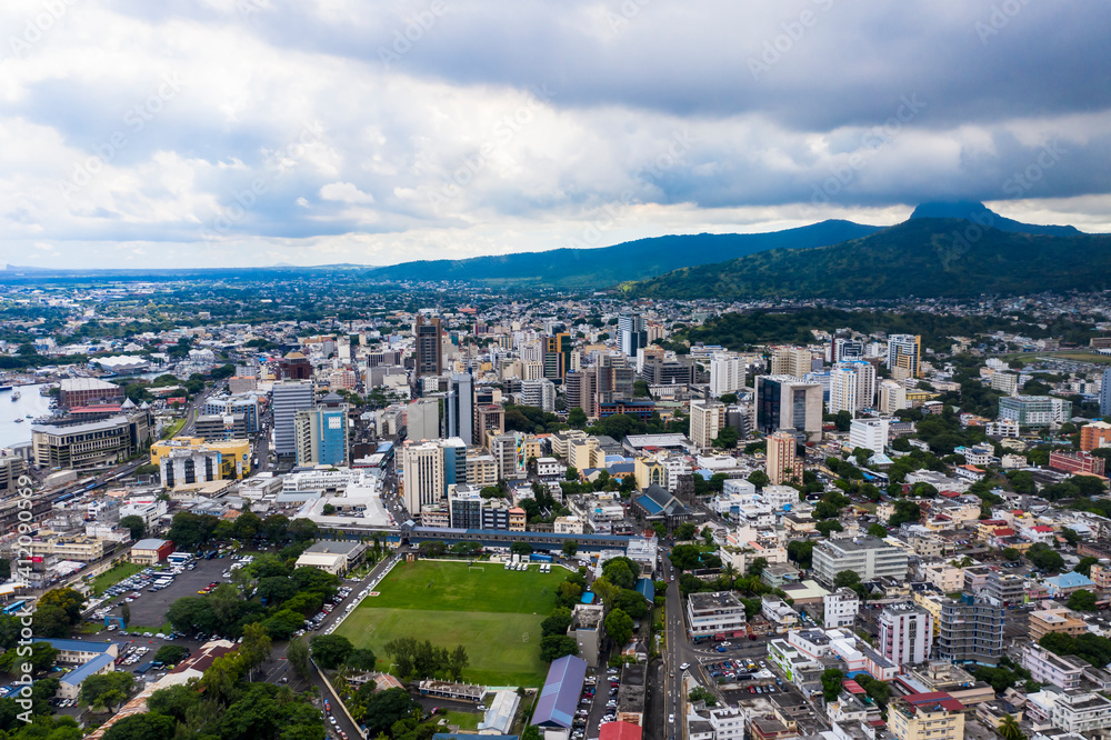 Aerial view, city view of Port Louis with harbor, old town and financial district, Mauritius