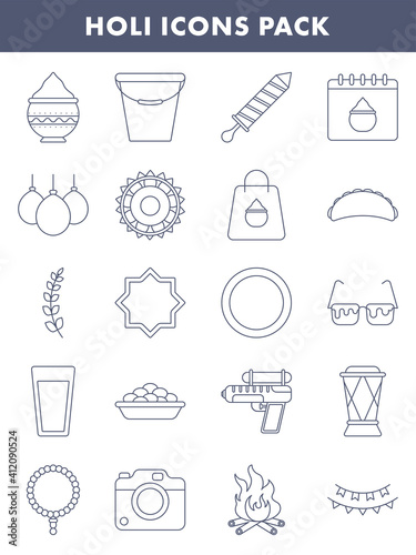 Set Of Holi Icons In Blue Outline Style.