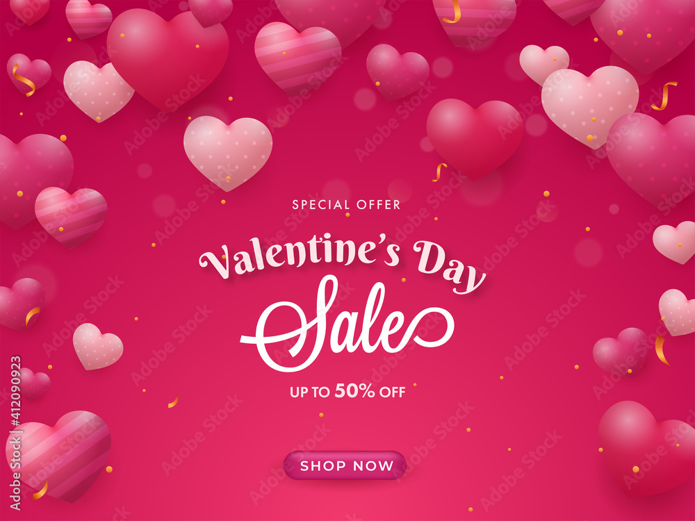 Valentine's Day Sale Poster Design With 50% Discount Offer, Glossy Hearts And Golden Confetti On Pink Background.