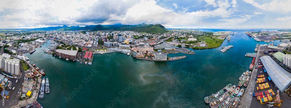 Obraz na płótnie Aerial view, city view of Port Louis with harbor, old town and financial distric