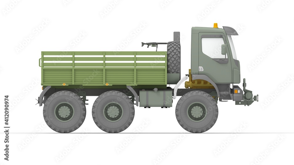 Army truck 3D rendering, millitary vehicle logistics lorry isolated in studio background