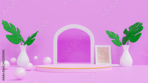 3d illustration rendering. A pink podium on the pink scene for placing products fashion cosmetics. The Monstera palm leaves in the white vase and the pink pearls.