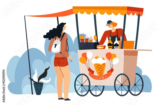 Woman buying ice cream on street in kiosk vector