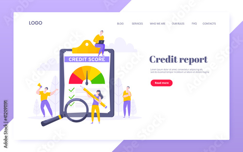 Credit score report with arrow gauge speedometer indicator with color levels on giant clipboard. Measurement from poor to excellent rating with people working together landing page.