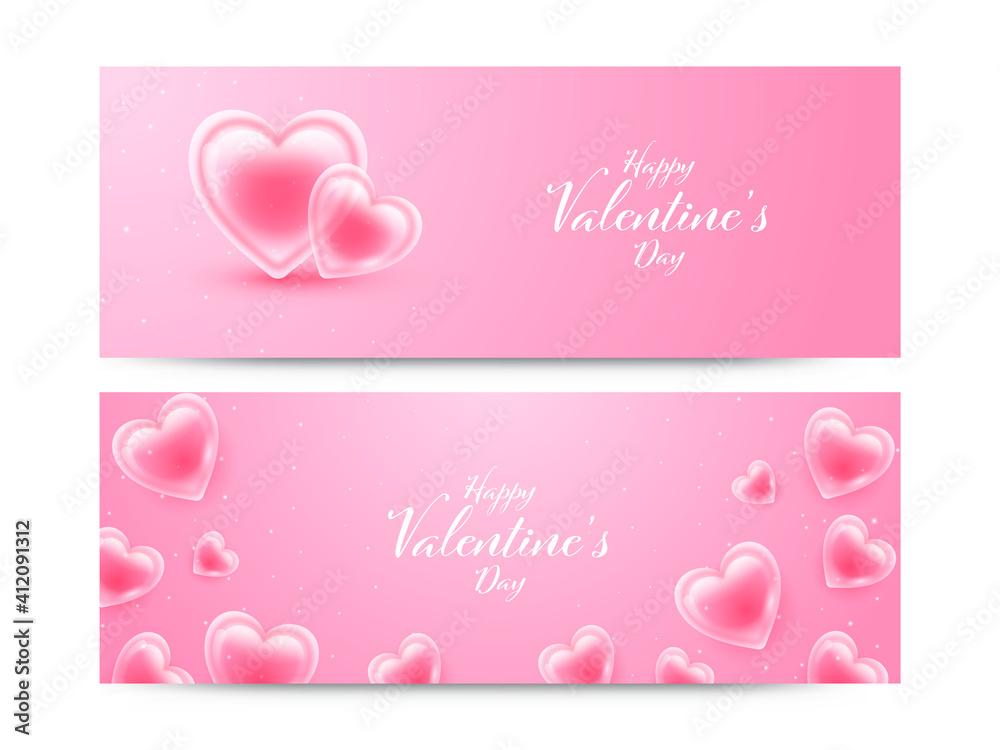 Happy Valentine's Day Font With Glossy Hearts Decorated On Pink Background In Two Options.